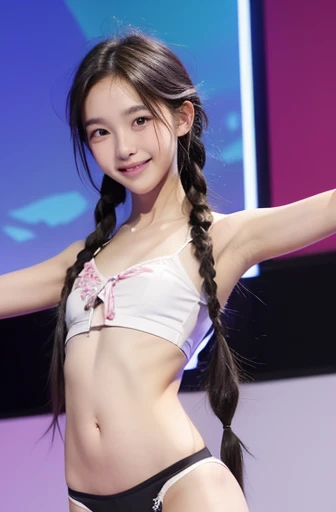 high school ,(Flat Chest:1.3),Panties,Braid,White skin,Thin arms,Anorexic super-skinny model body type,Childish,Black Hair,Spreading her legs,belly button,Watching the audience,smile