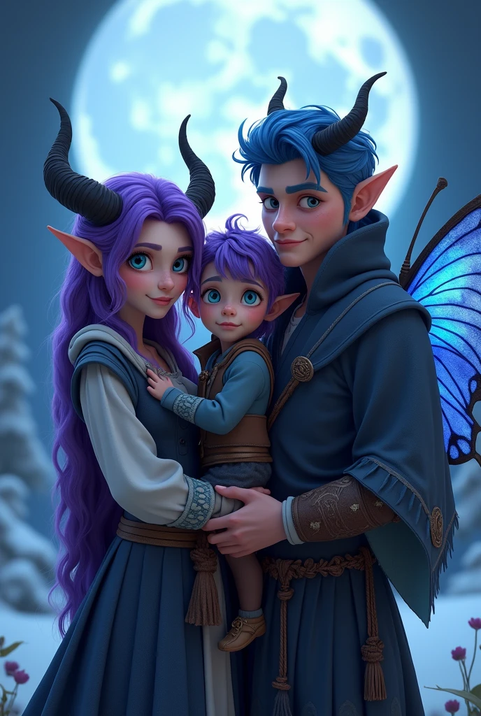 Woman with purple hair with black horns, Nordic clothing, elf ears, fuchsia pink eyes, carrying a male child with purple hair, blue eyes, with black horns, and still next to a man with pointed ears with blue hair and colored skin RAF blue, wearing a smart suit (white), stocky build, fine features on his face, with blue moth wings on his back, looking at the camera, detailed, at night, moon rays, background outside a tundra, ultra detailed photography, 4k quality lighting, high resolution, masterpiece, animated style.