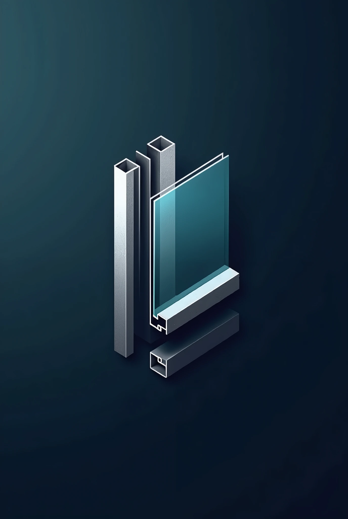 Create a sleek and modern logo for a business specializing in tempered glass, fittings, and aluminum. The design should convey strength, precision, and elegance. Use a combination of metallic tones like silver and deep blue, with clean, sharp lines to represent the high-quality and durability of the products. Include a stylized representation of a glass pane or aluminum structure subtly integrated into the design.