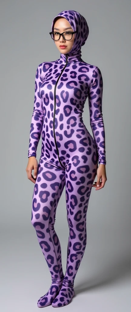 The beautiful and thinest chinese adult woman with glasses light purple and purple leopard print lycra elasticity turtleneck unitard catsuit.She always wear hijab-like zentai costume hood made of lycra elasticity.She performs contortion when she is my contortionist.