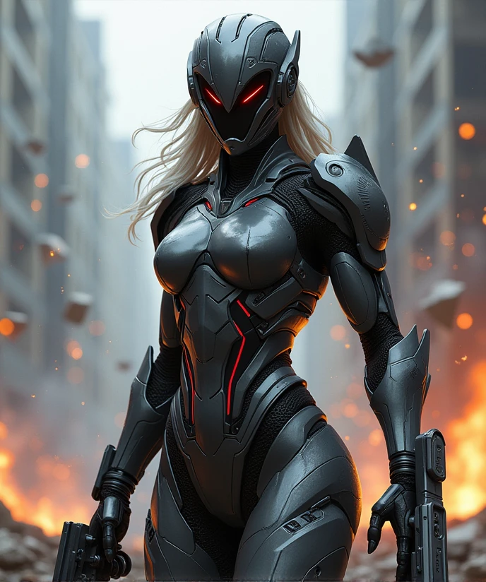 (A powerful female warrior in high-tech armor inspired by War Machine:1.5), (sleek, metallic exosuit with a futuristic design:1.4), (the armor is dark gray and black with sharp, angular lines and glowing red accents:1.5), (intricate details on the suit with visible weapon systems integrated into the arms and shoulders:1.4), (a helmet with a sleek visor that conceals her fierce eyes:1.4), (strong, muscular build emphasizing her strength and combat readiness:1.5), (dynamic pose, ready for battle with weapons at the ready:1.4), (backdrop of a war-torn cityscape with sparks flying and debris:1.3), (high-tech interface elements visible around her, indicating a connection to advanced systems:1.4), (reflection of light on the armor showing the battle's intensity:1.4), (smoke and fire in the background adding drama to the scene:1.3), (highly detailed and realistic textures:1.4), (intense and action-packed atmosphere:1.4)