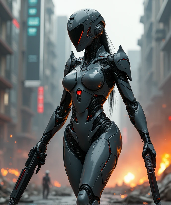 (A powerful female warrior in high-tech armor inspired by War Machine:1.5), (sleek, metallic exosuit with a futuristic design:1.4), (the armor is dark gray and black with sharp, angular lines and glowing red accents:1.5), (intricate details on the suit with visible weapon systems integrated into the arms and shoulders:1.4), (a helmet with a sleek visor that conceals her fierce eyes:1.4), (strong, muscular build emphasizing her strength and combat readiness:1.5), (dynamic pose, ready for battle with weapons at the ready:1.4), (backdrop of a war-torn cityscape with sparks flying and debris:1.3), (high-tech interface elements visible around her, indicating a connection to advanced systems:1.4), (reflection of light on the armor showing the battle's intensity:1.4), (smoke and fire in the background adding drama to the scene:1.3), (highly detailed and realistic textures:1.4), (intense and action-packed atmosphere:1.4)