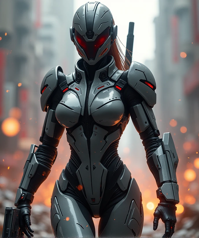 (A powerful female warrior in high-tech armor inspired by War Machine:1.5), (sleek, metallic exosuit with a futuristic design:1.4), (the armor is dark gray and black with sharp, angular lines and glowing red accents:1.5), (intricate details on the suit with visible weapon systems integrated into the arms and shoulders:1.4), (a helmet with a sleek visor that conceals her fierce eyes:1.4), (strong, muscular build emphasizing her strength and combat readiness:1.5), (dynamic pose, ready for battle with weapons at the ready:1.4), (backdrop of a war-torn cityscape with sparks flying and debris:1.3), (high-tech interface elements visible around her, indicating a connection to advanced systems:1.4), (reflection of light on the armor showing the battle's intensity:1.4), (smoke and fire in the background adding drama to the scene:1.3), (highly detailed and realistic textures:1.4), (intense and action-packed atmosphere:1.4)