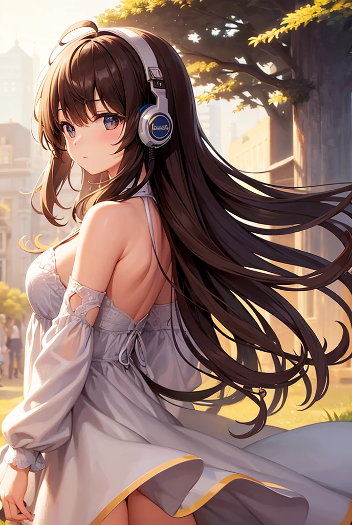 One girl, solo, High resolution, Simple Background, Close your mouth, Impressionism, masterpiece, headphone、Listening to music、Brown Hair, Ahoge,