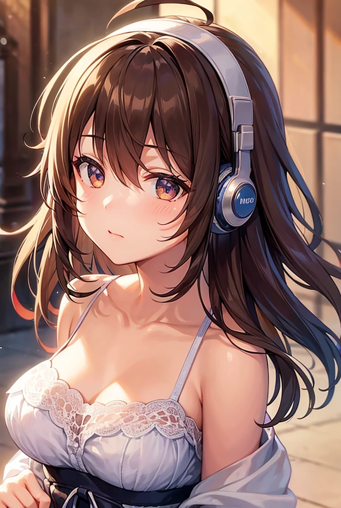 One girl, solo, High resolution, Simple Background, Close your mouth, Impressionism, masterpiece, headphone、Listening to music、Brown Hair, Ahoge, 