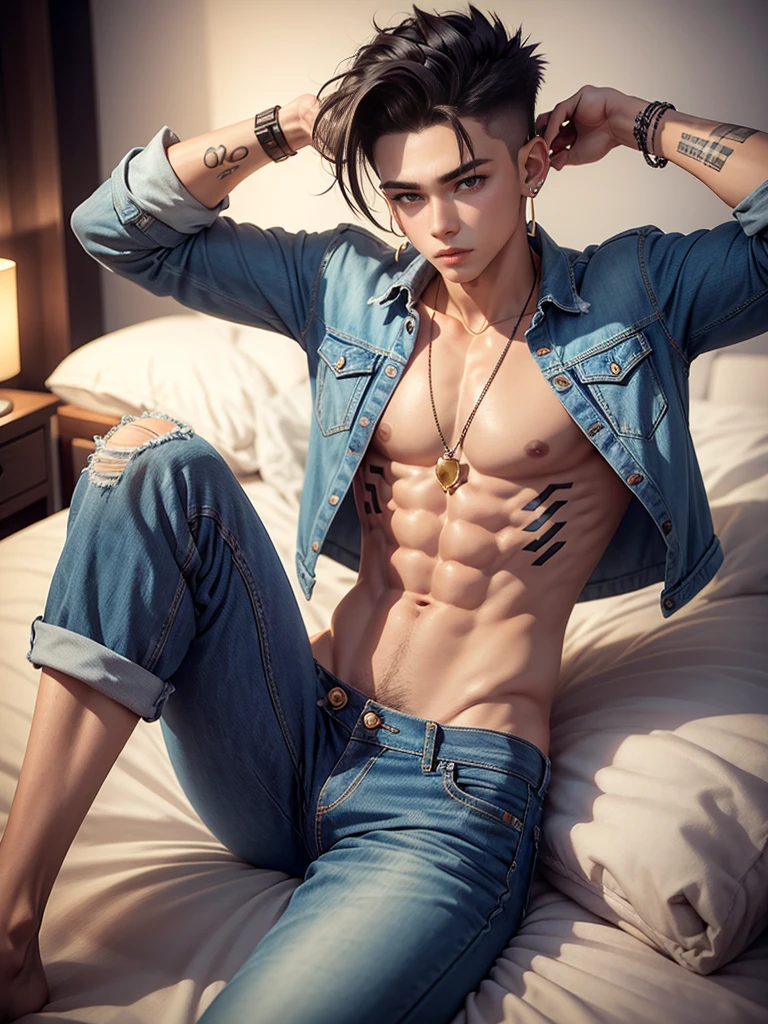 20-year-old male, skin fair, defined body, long undercut hair, jeans, bust no, earrings on the ears, Sitting in bed, Luxurious room