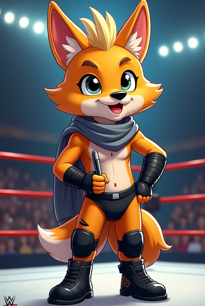 Cartoon jackal dressed like WWE wrestler Chris Jericho 

Cartoon jackal body. Cartoon jackal head. Cartoon jackal face.

Blonde flat top.  Black wrist tape 

Grey scarf. Black underwear.

Black kneepads. Black wrestling boots.
Holding a pen and notepad.

Standing in a wrestling ring..