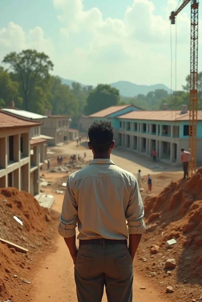 In cinematic real story "Arjun, now an adult, overseeing the construction of a school and hospital in his village, symbolizing his achievements and contributions "
