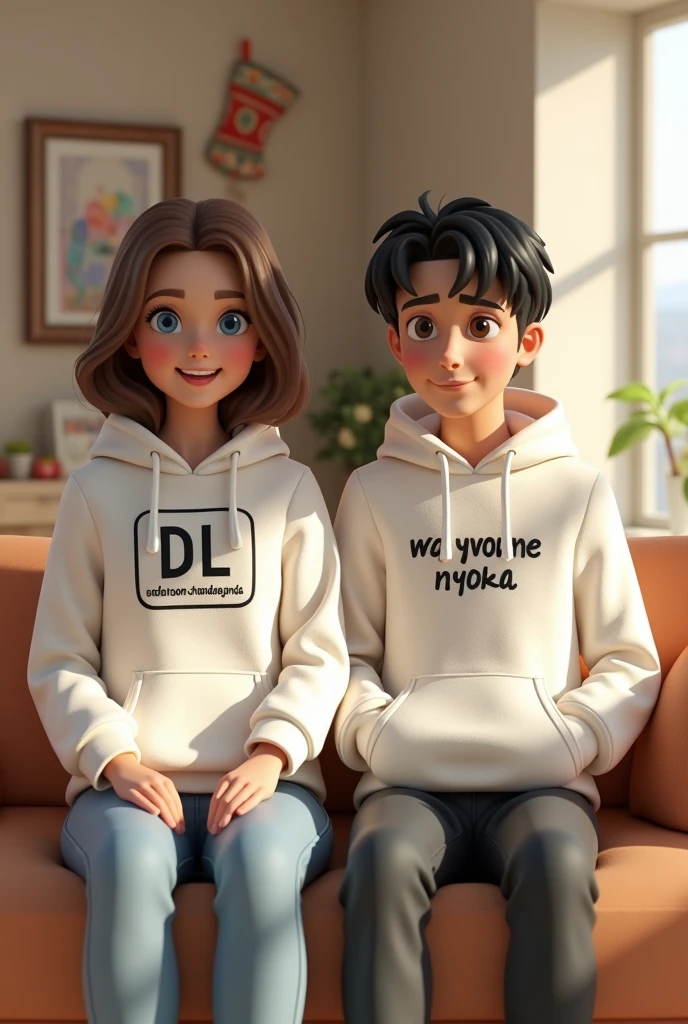 A 3D render of a photo of a sitting couple in a cozy living room during summer time. The woman, Sophia, has brown hair and blueeyes and is wearing a white hoodie with computer embroidery design with DL Shop logo motif with the name "Denyson CHANDENGENDA" in black color. The man, Marco, has black hair and blue eyes and is wearing a white hoodie with computer embroidery design with DL Shop logo motif with the name "WA YVONNE NYOKA" in black color. The background is a living room with beautiful furniture, stockings, and pictures. The overall image is very pretty.