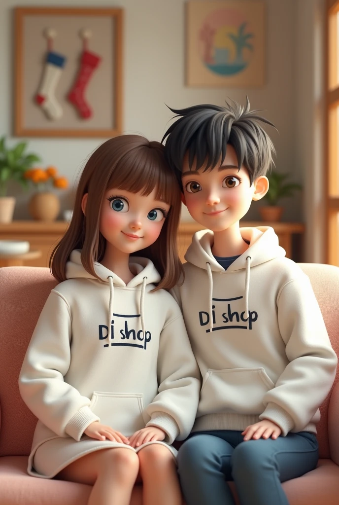 A 3D render of a photo of a sitting couple in a cozy living room during summer time. The woman, Sophia, has brown hair and blueeyes and is wearing a white hoodie with computer embroidery design with DL Shop logo motif with the name "Denyson CHANDENGENDA" in black color. The man, Marco, has black hair and blue eyes and is wearing a white hoodie with computer embroidery design with DL Shop logo motif with the name "WA YVONNE NYOKA" in black color. The background is a living room with beautiful furniture, stockings, and pictures. The overall image is very pretty.