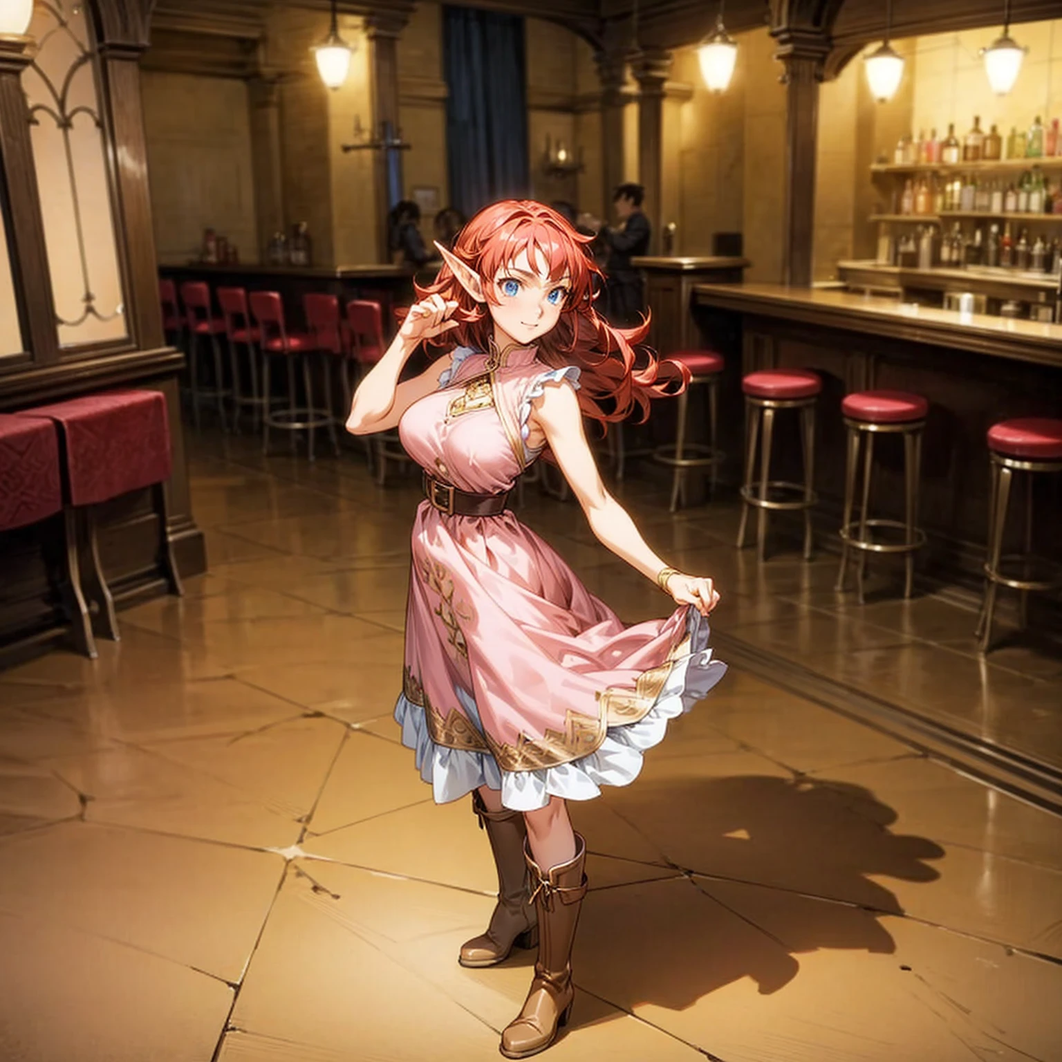 Solo character, full body version, old girl, big breast, (elf), blue eyes, red color hair, long Curly hair, sleeveless dress, sexy dress, pink dress boots, indoor, bar, town, medieval, standing gesture, detailed background, detailed clothing, detailed hair, (Makoto shinkai style art), happy eyes 