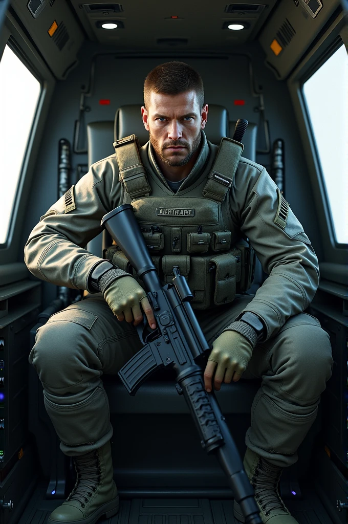 A soldier in a helicopter