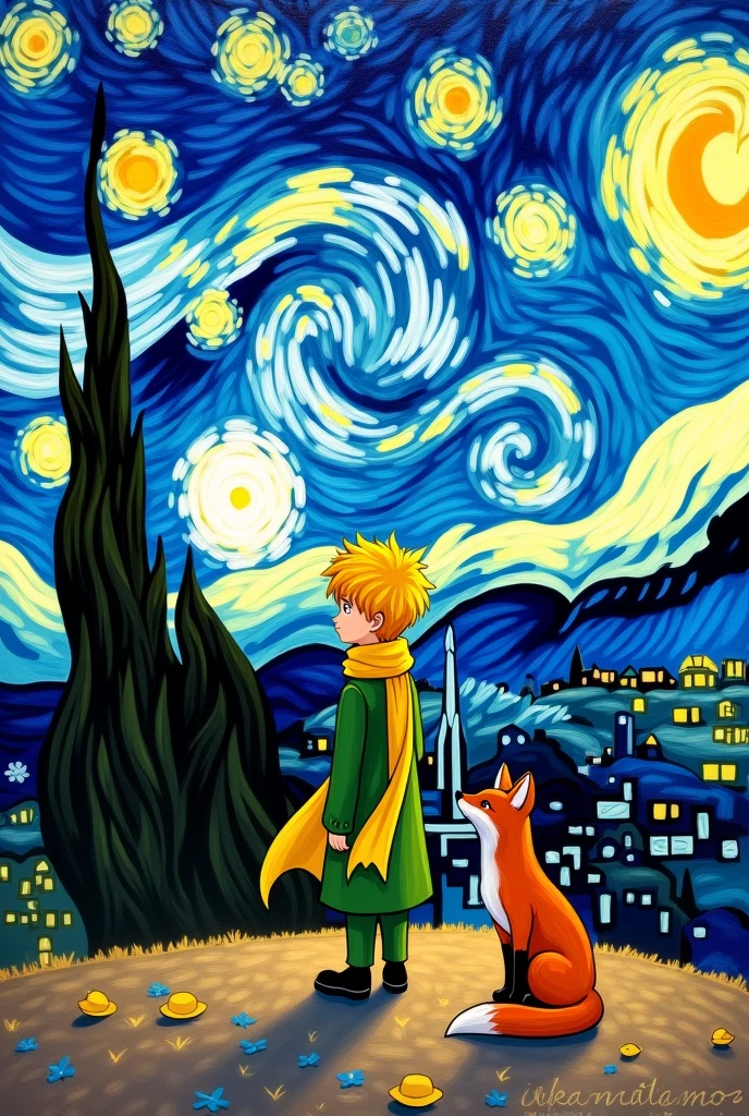 Make Van Gogh's Starry Night with the little prince in green clothes and the yellow scarf and the fox