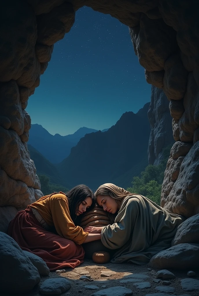Realistic image of Ruth and Naomi from the Bible sleeping in a cave at night
