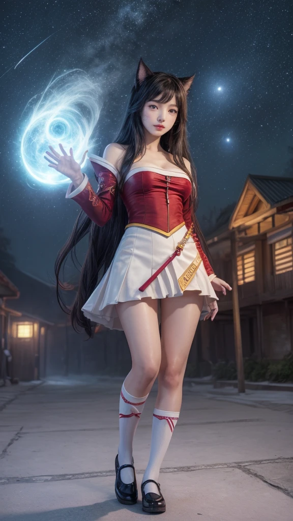 (Masterpiece, best quality: 1.3)
Ahri, 1girl, solo, long hair, standing at an angle, hanbok, skirt, white knee socks, shoes, starry sky, night, bare shoulders, looking at the audience