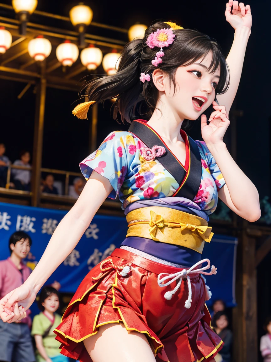 (Japan Bon Odori,最高masterpiece,Highest quality), Hot August,In the park square,They dance in a circle around a stage decorated with lanterns.,Bright vibrant anime art,People of all ages and genders dance and dance, Dancing in yukata,Laughing and dancing, Showing white teeth,Men and women dance in a circle, masterpiece,Highest quality,High resolution,