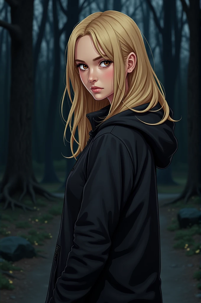 Style: 2D Comic
Gender: Female
Age: r
HAIR DESCRIPTION: Long, messy blonde with Bang
SKIN TONE: Light
EYE FEATURES: Light brown
Clothing: Black jacket
Setting: Forest at night
Posture: Looking at the camera (from waist to head)
Expression: Neutral
Setting: The Hunger Games