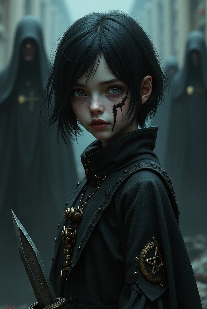A pale girl with short black hair, from the middle ages 3D, realisitic, arcane style, with light eyes dark alchemist clothes with a prosthesis on the left arm steampunk with pentagram, cut on the face, with a look of suffering and hate, dagger, the night, with a religious group behind.