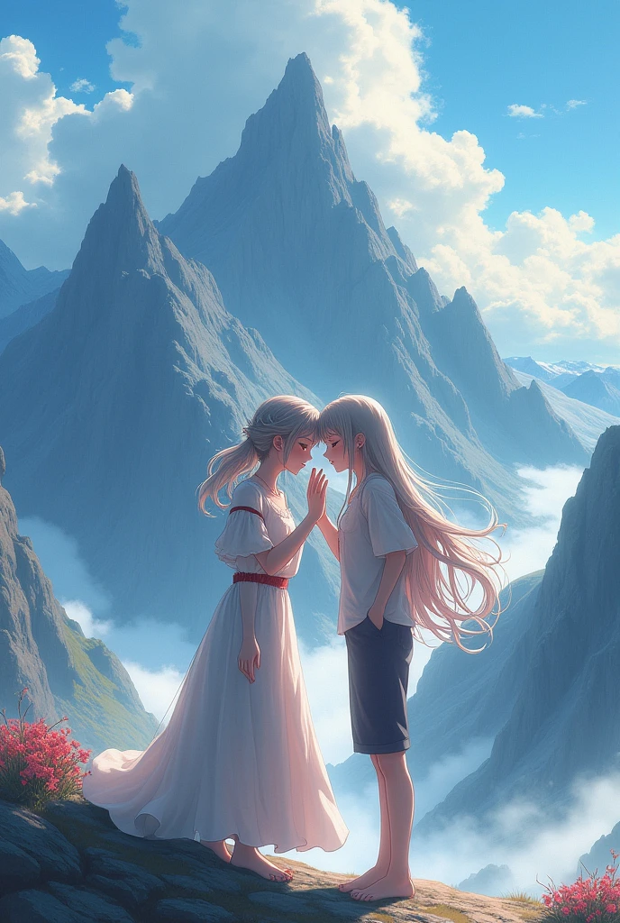 A beautiful anime girl with red eyes stand at mountain and kissing her boyfriend hand