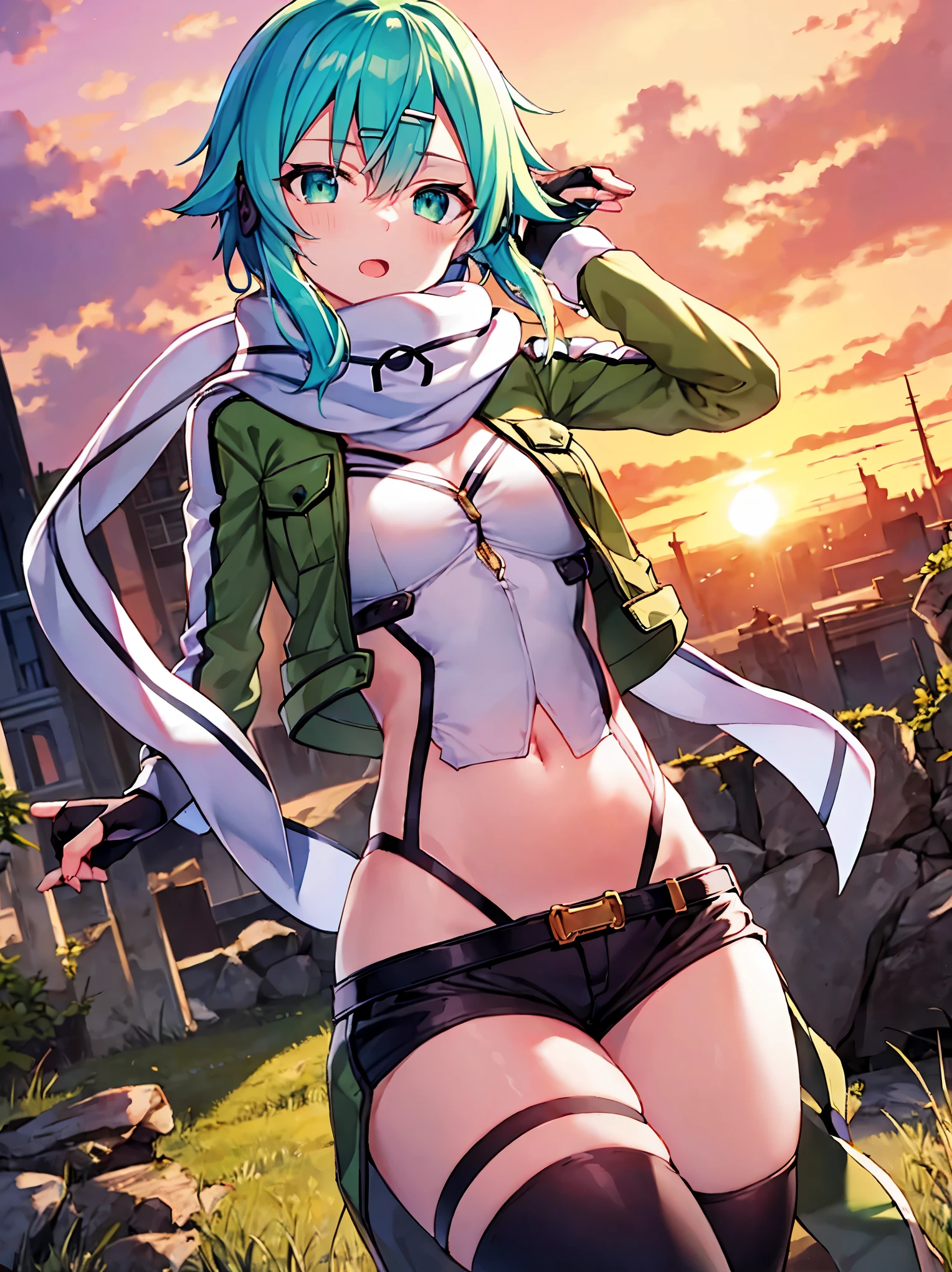 (masterpiece), best quality, expressive eyes, perfect face, highres, sinon1, scarf, fingerless gloves, long sleeves, short shorts,groin, hair ornament, hairclip, green thighhighs, green jacket,covered_nipples, thigh strap, field, sunset_ruins_landscape_background, ruined structures, dynamic_posing,,,covered_navel,open_mouth,put_on_foot_on_rock。