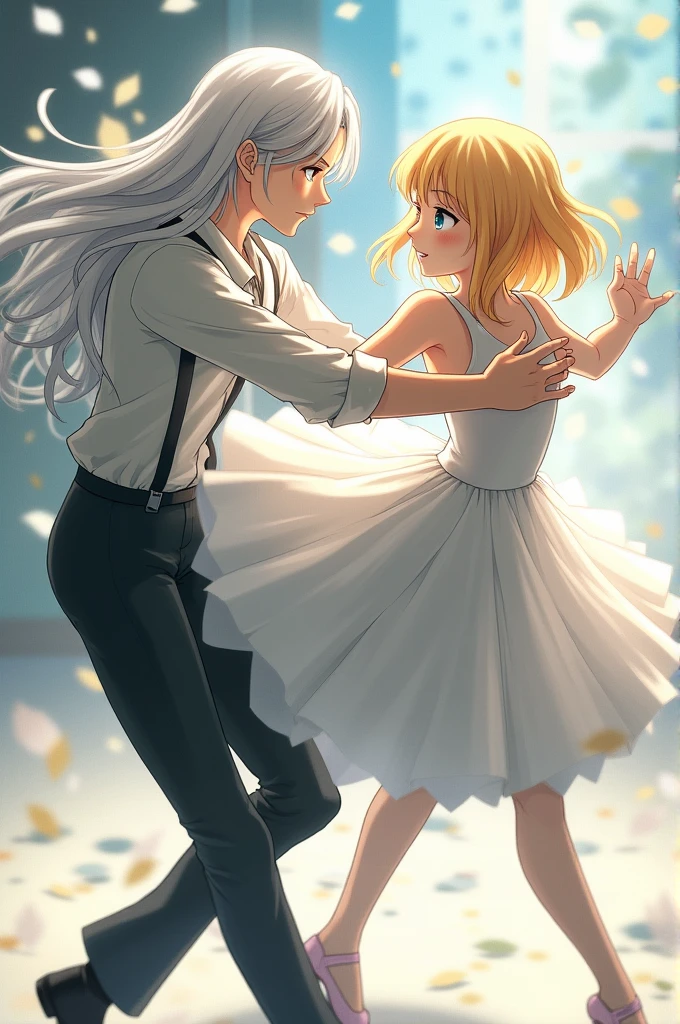 ((best quality)), ((masterpiece)), (detailed) Anime Two boys dancing ballet, one with long white hair and the other with semi-long blonde hair. 