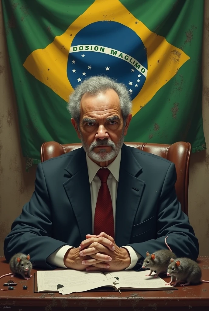 president of brazil, Luiz Inácio Lula da Silva, sitting in his office with mice on the desk and a torn Brazilian flag in the background