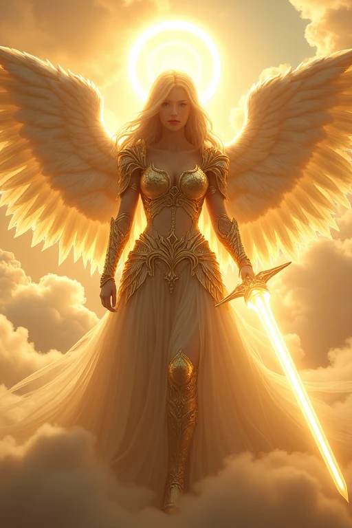 Une femme majestueuse, en armure dorée éclatante, avec des ailes angéliques. Son épée, lumineuse et divine, rayonne de pureté.
Elle se tient dans un ciel lumineux, entourée de nuages dorés, avec une auréole au-dessus de sa tête.
.Résolution Haute, Précis, Haute qualité, Détails fins,