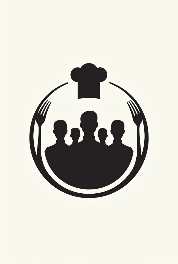 Circular logo with a fork above the circle and one below the circle with four shadows of people in the center and a chef's hat above the circle