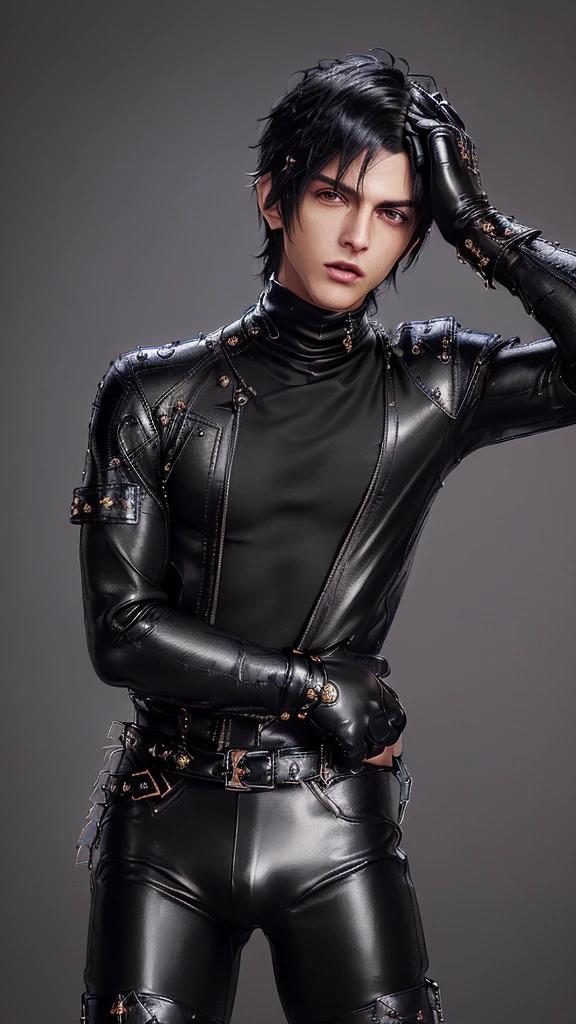 ((Final fantasy taste and reality graphics)), ((Japanese young cute and cool ikemen boy)), his age is early 20s, thin eyebrows and beady eyes, ((((he wearing black color and very shining brightly enamel leather thick single-brest jacket)))), ((with epaulet)), ((enamel leather jacket close all zippers)),, ,(( jacket collar is very high length stand-up collar with belts)), , (((also wearing black color turtleneck very shining brightly enamel leather shirts))), (((tight black and very shining brightly enamel leather pants))), ((((very shining brightly black enamel leather tight and thin glove)))), ((black color and vety shining brightly leather knee-high raceup boots)),head-to-toe, whole body, boy looks like fashion model,Do not show skin from the neck down,(((all his clothes are smooth design and very shining))),(((Avoid adding unnecessary decorations to your clothes))),(((all clothes is simple design and appearance)))