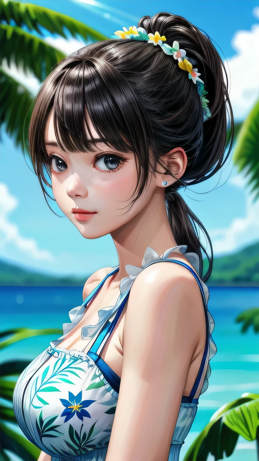 Ultra-realistic scenes, Parallel world, God-like tropical exotic plants, cult, Tropical flowers, Unusual art, Unique art, Summer blue sky background, sunlight, bright sunlight, Blender, Product Rendering, High quality 8K. 1girl, Cute 1 girl､White garter set､((Upper body portrait))､Upper body portrait､masterpiece, 最high quality, high quality, High resolution, super big breasts sexy､(Hairstyle_ponytail)