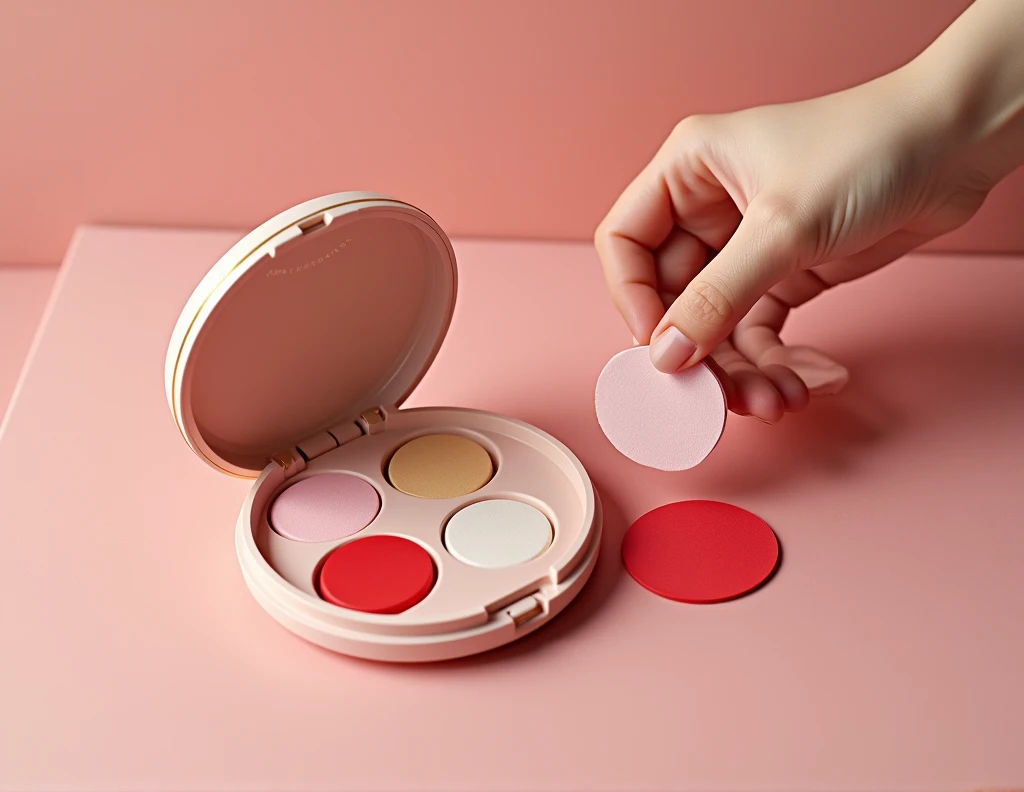 An innovative round-shaped makeup applicator, Inspired by SHEGLAM's 'Insta-Ready'. The applicator has several compartments, each with different makeup papers: blush, highlighter, and lipstick. Each paper is thin and small in size., Ideal for tearing off a piece and applying it directly to the face. The image should show the applicator with the lid open., revealing the papers of different colors (rosado para el blush, dorado para el highlighter, and red for the lipstick). It also shows a hand tearing off a piece of paper and bringing it close to the face for application.. The applicator design is sleek and compact., with gold details and matte finish."
