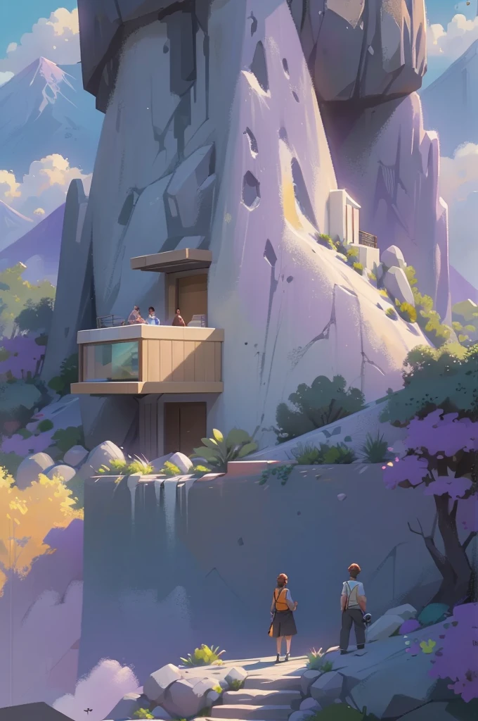 small and beautiful modern house in top of big boulders, terraces, pool, stairs, multiple cacti gardens, palms, trees, rocks, beautiful landscape design, mountains and volcano y background, amazing clouds, sun, moon, planets, milky way galaxy, concrete, wood, glass and steel materials, olive green, violet, orange and withe colors in facade