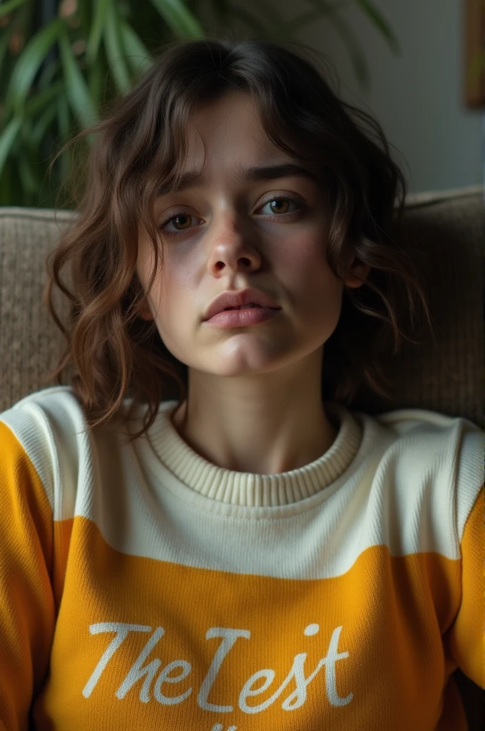 ((best quality)), ((masterpiece)), (detailed), perfect face, 2 woman similar to Ellie from the last of us 2, crying, very sad, tears in the eyes, sitting on a sofa, short hair to the chin, yellow and white wool t-shirt, orange print