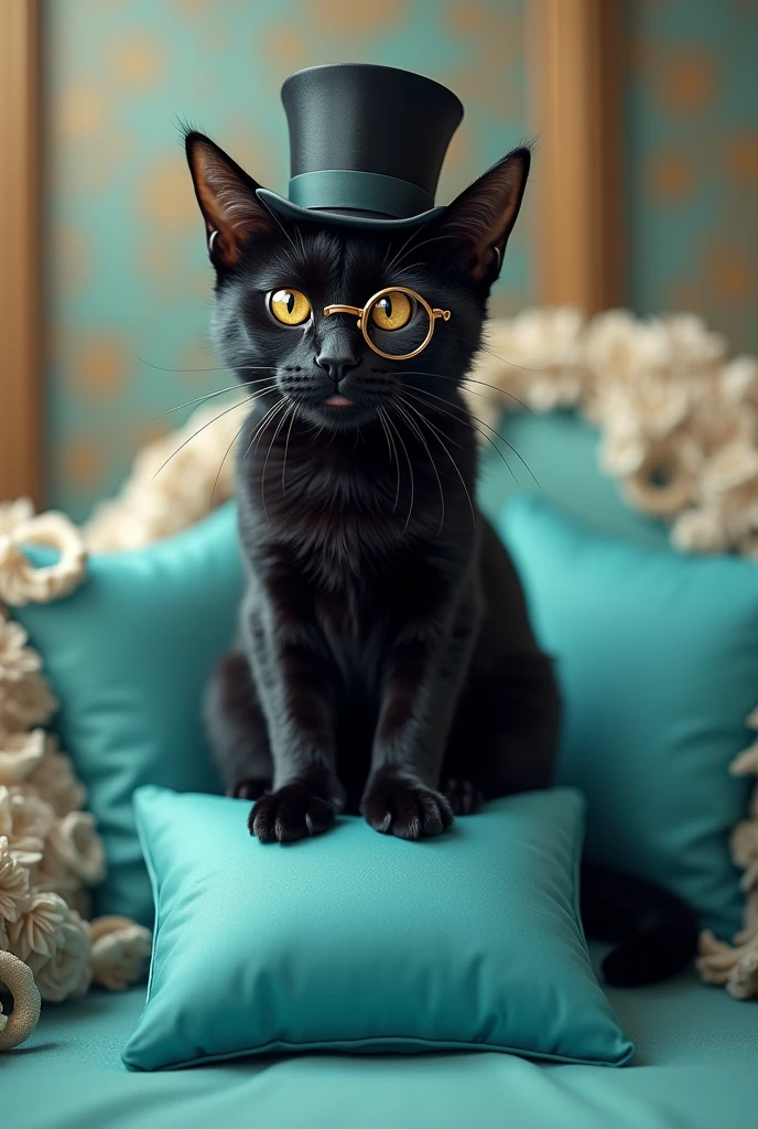 black cat on a turquoise blue pillow wearing a top hat and a monocle