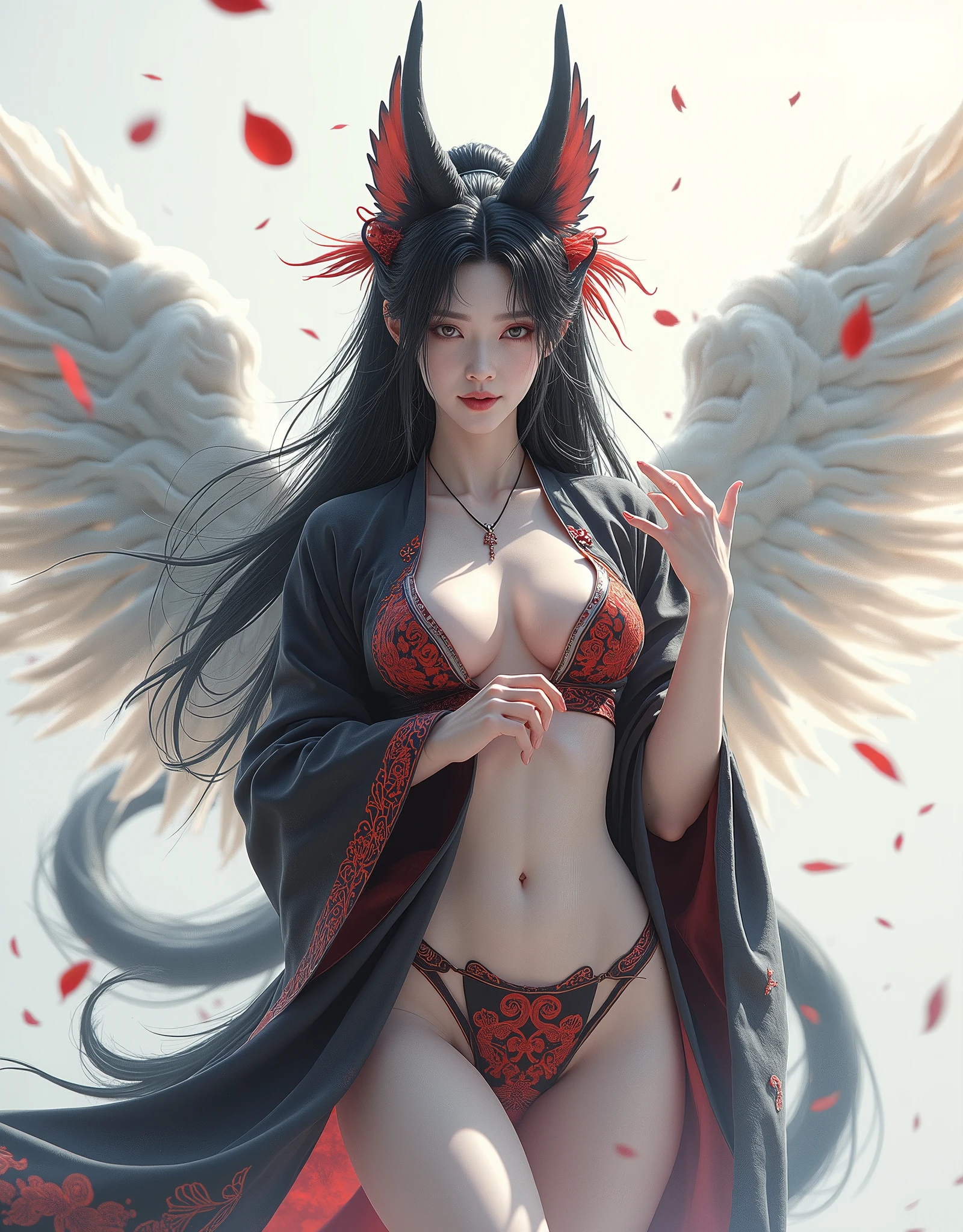 ((masterpiece)), ((best quality)), 8k, high detailed, ultra-detailed, A captivating fox demon, with alluring beauty and a seductive aura. She has striking red eyes that pierce through the darkness. Her red fox tail and fox ears add to her enchanting appearance. She is dressed in a flowing, semi-transparent silk robe in red, accentuating her sensual allure. The scene takes place in a cave, filled with smoke that adds an air of mystery and seduction. The fox demon strikes a provocative pose, showcasing her perfect physique in the full-body shot. She is adorned with various accessories, including a skull pendant, which adds a touch of mystery and danger to her allure.