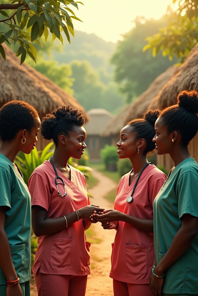 With black nurses in scrubs Generate an image of a group of dark black beautiful nurses talking to beautiful ladies in a village setting
