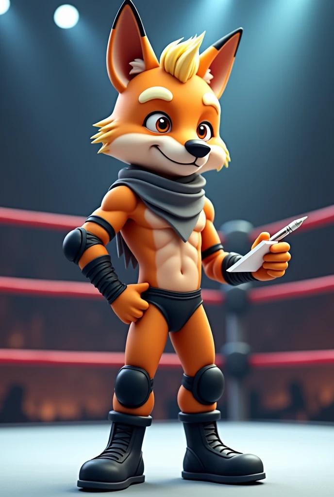 Cartoon jackal dressed like WWE wrestler Chris Jericho 

Cartoon jackal body. Cartoon jackal head. Cartoon jackal face.

Blonde flat top.  Black wrist tape 

Grey scarf. Black underwear.

Black kneepads. Black wrestling boots.
Holding a pen. Holding  a paper notepad.

Standing in a wrestling ring..