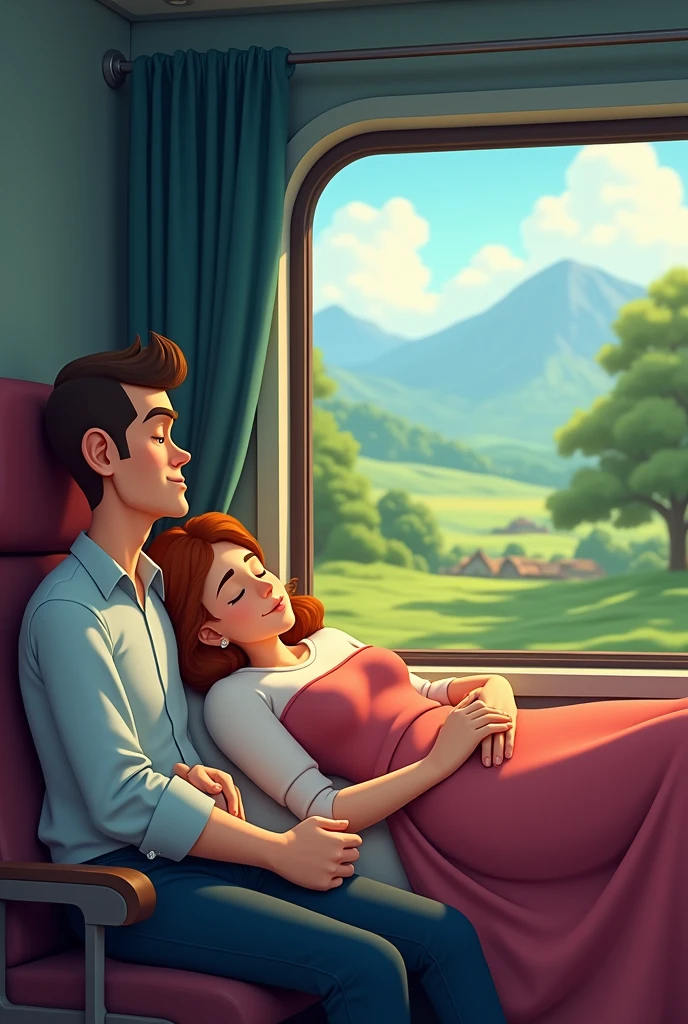 Animated man watching woman sleeping next to him on train