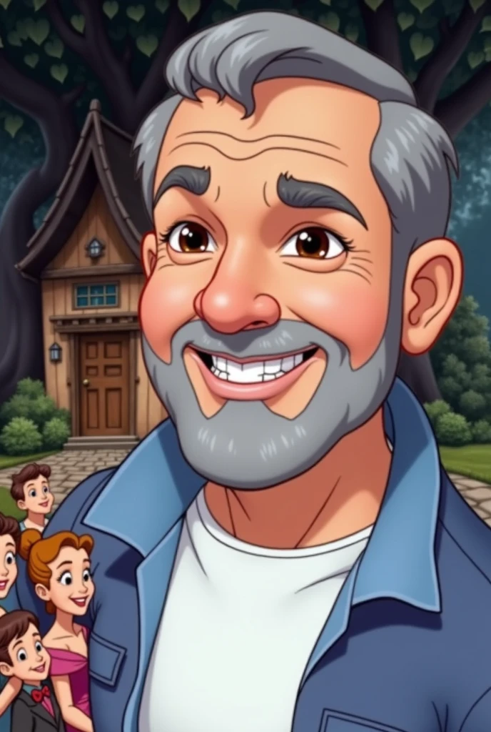 Use the same face of the man in the inspiration image, insert a woman into the scene, his wife and 3 children, everyone smiling like a happy family, use a house and trees as a background, create image in Disney character style
