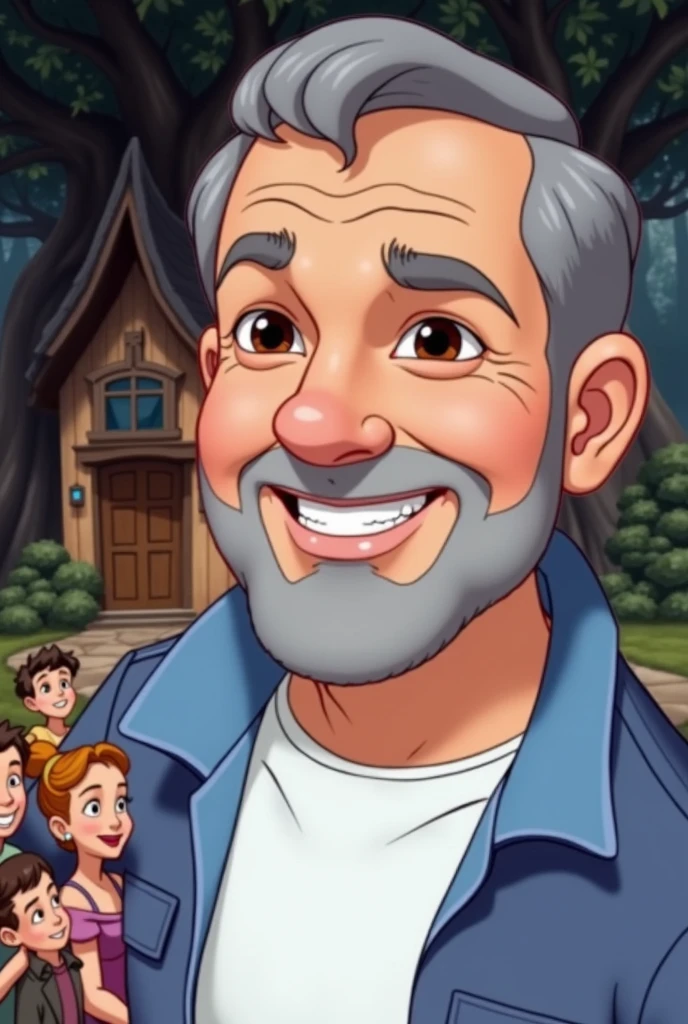 Use the same face of the man in the inspiration image, insert a woman into the scene, his wife and 3 children, everyone smiling like a happy family, use a house and trees as a background, create image in Disney character style
