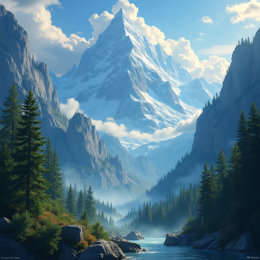 An image of a magical fantasy world, such as a dense forest with trees reaching for the sky or towering mountains all around. Large, enormous, immeasurable heavenly, above the clouds, majestic, glorious, high definition, many details, full of detail, brightness, depth of field, reflected light, bright light, impressionism, cinematic, cinematography, high resolution, masterpiece, detail, ultra HD