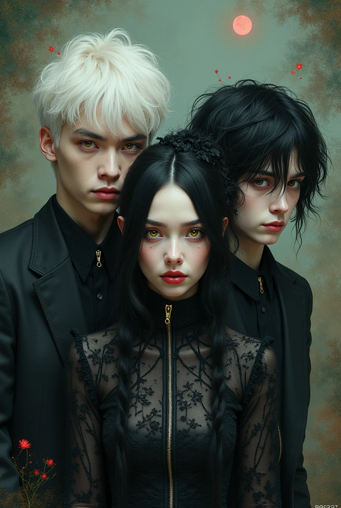 Create 3 characters two men and a woman The first man has white hair and yellow eyes.
The second black hair and red eyes.
Woman is a creature by Melanie Martinez