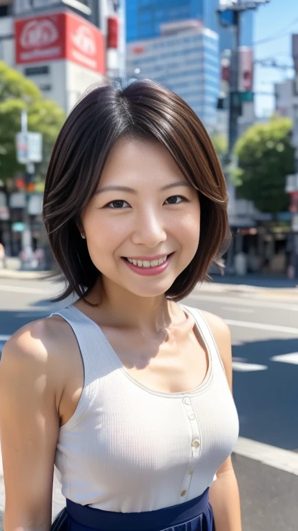 「A Japanese woman wearing a blue sleeveless shirt and a navy blue flared skirt riding a bicycle。4 wife、 Her hairstyle is a short bob、Her hair moves slightly while she rides.。 The camera angle is from the front at an angle.、Her face is clearly visible, smiling slightly.。 The background is a Japanese urban cityscape.、Tall buildings line the streets、There are a lot of people、There are many pedestrians。 There are cars and buses on the road.、You can see signs in Japanese too.。 The sun is shining brightly、It creates a vibrant atmosphere。 The woman&#39;s posture is relaxed and confident.、Hands on the handle、Enjoying the ride with a slight sideways movement。"
