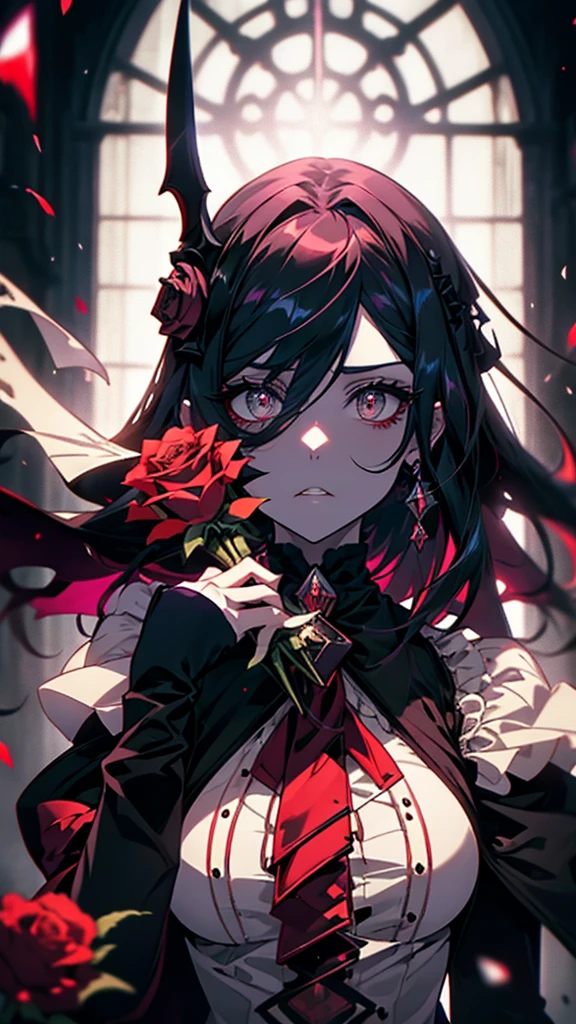 Woman holding a knife and a rose, Gap Moe Yandere grimdark, portrait Gap Moe Yandere grimdark, Gap Moe Yandere, With eyes that glow red, Albedo from Overlord, Gothic Maiden Anime Girl, Devil Anime Girl, 1. Anime Gothic Girl, アニメAlbedo from Overlord