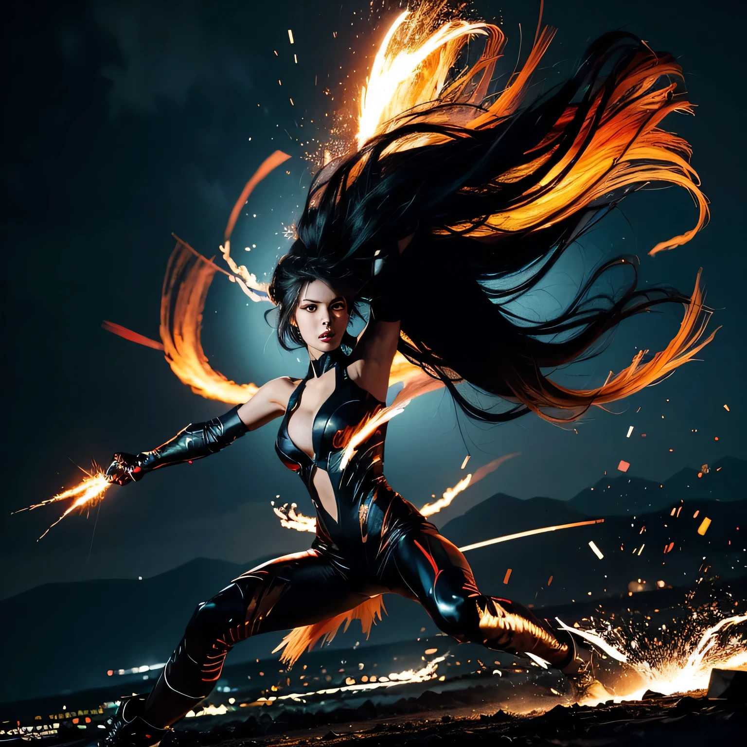 A woman, dramatic lighting, intense look, flowing hair, dynamic pose, battle ready expression, vibrant colors, high contrast, Burst of energy, flying debris, epic landscape, sparks, intense action, Powerful movements, strong presence, detailed eyes and face, dark background, artistic illustrations
