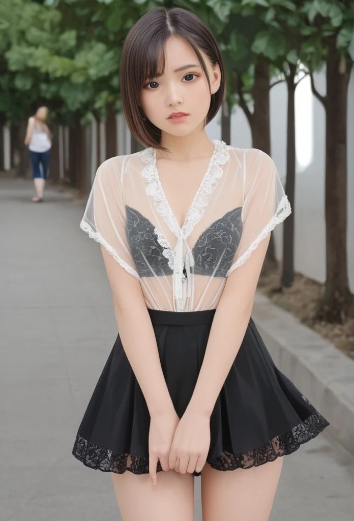 A woman with a beautiful girl々Create a new, whole body, A short sheer dress for、For girls, remove the low-cut see-through blouse and mini skirt., I&#39;m looking forward to both, The boy is kissing her breast, Make it look realistic