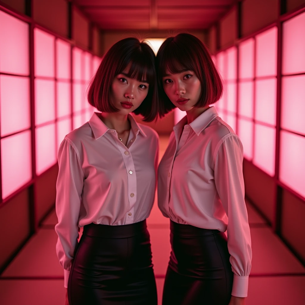 Identical twin sisters、((Japanese))　((Plump and glossy lips))　((Brown hair with short bob hairstyle and bangs))　((Looking into the camera))　((White button shirt and black enamel tight skirt))　　Low angle shot of a person standing facing forward　Looking down　((A room with shoji screens and tatami mats lit up with pink neon lights))　