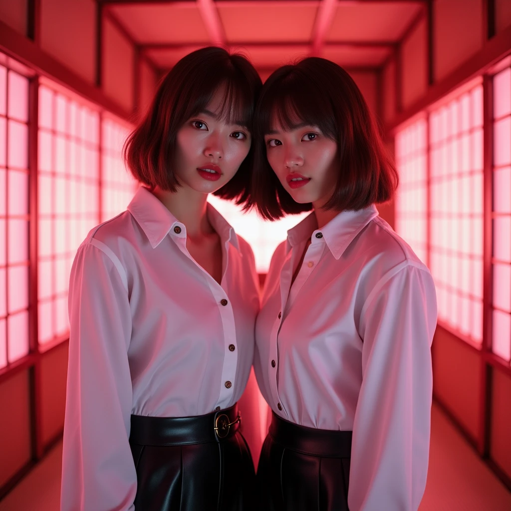 Identical twin sisters、((Japanese))　((Plump and glossy lips))　((Brown hair with short bob hairstyle and bangs))　((Looking into the camera))　((White button shirt and black enamel tight skirt))　　Low angle shot of a person standing facing forward　Looking down　((A room with shoji screens and tatami mats lit up with pink neon lights))　