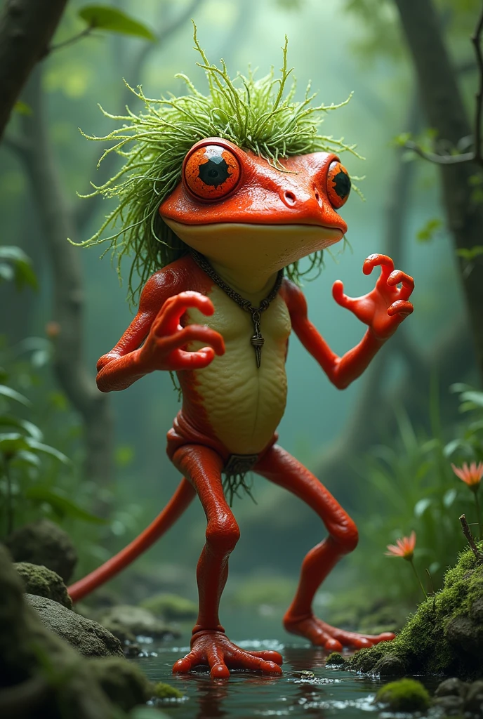 A Grung frog from Dungeons & Dragons, he has red skin, he is thin and he is a druid.