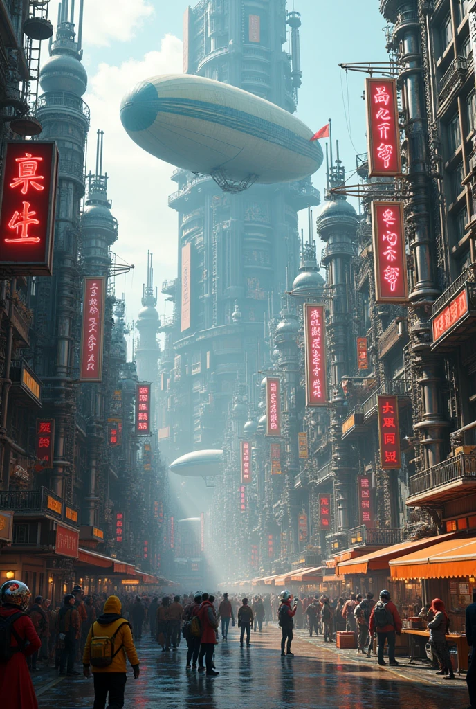 ((Masterpiece, Best Quality, Highest Image Quality, High Resolution, Photorealism, RAW Photos, 8k)), A city that combines Cyberpunk and steampunk, neon lights and airship, robots, cyberpunk 2077